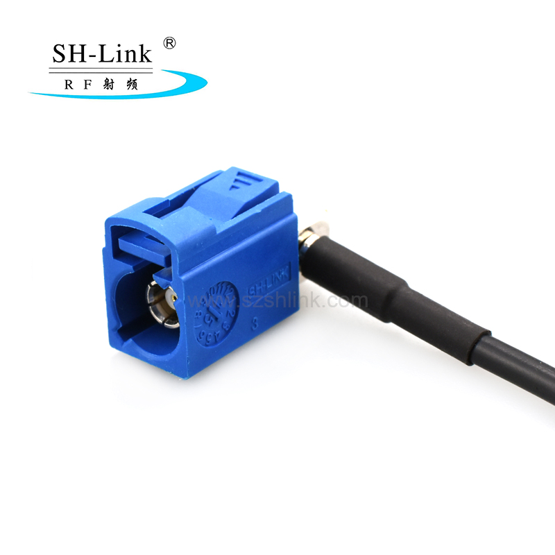 RG174 cable with Blue Fakra Right Angle C type connector to Fakra male C type connector