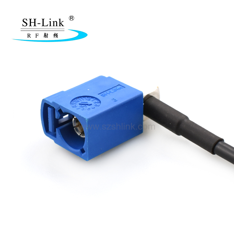 RG174 cable with Blue Fakra Right Angle C type connector to Fakra male C type connector